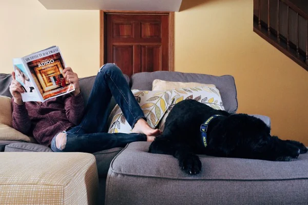 person reading on a couch next to a dog